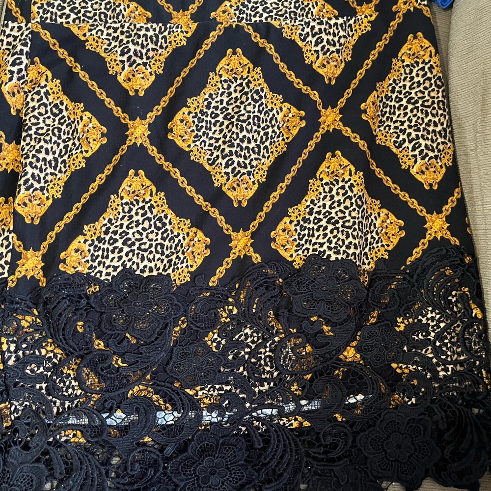 Black and Gold Patterned Skirt with Lace Trim